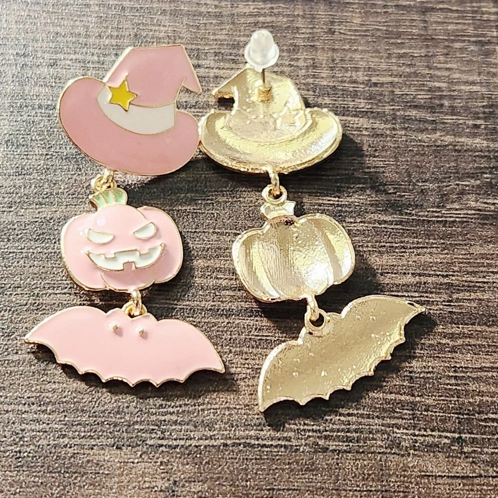 Pink Halloween Enamel Dangle Earrings Witch Hat‎ Pumpkin Bat Pastel Goth Spooky